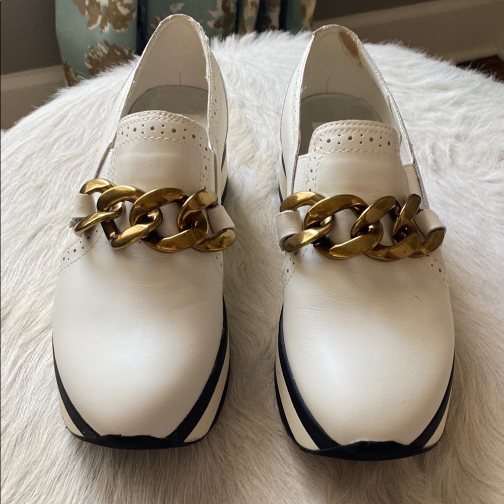 Dolce Vita White Loafers with Gold Chain Detail